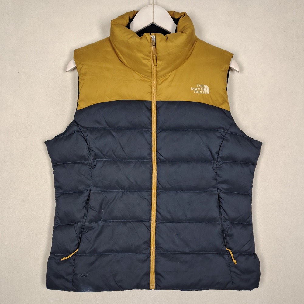 The North Face Womens LG 700-Fill Down Quilted Puffer Vest Navy Mustard 1516